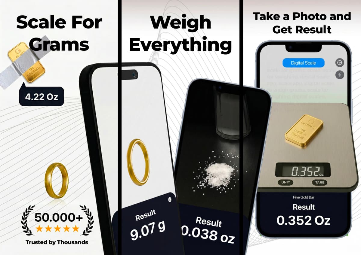 Scale for Grams camera screen showing an object being analyzed for weight estimation