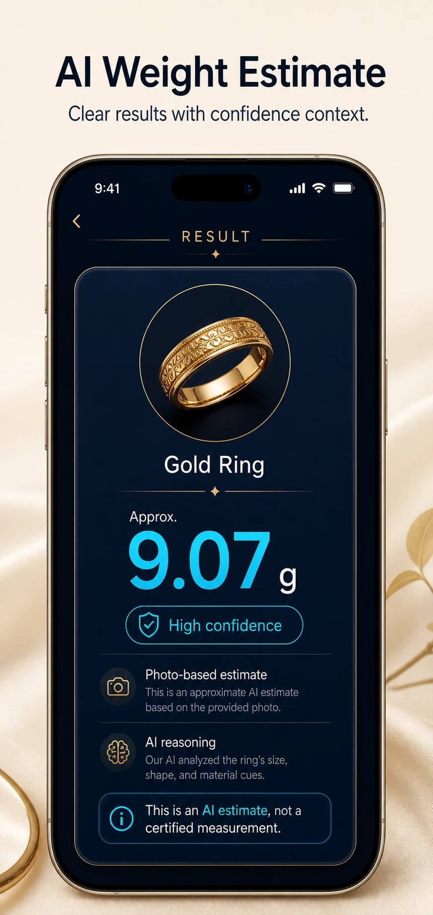 AI weight estimate result showing a gold ring at approximately 9.07 grams