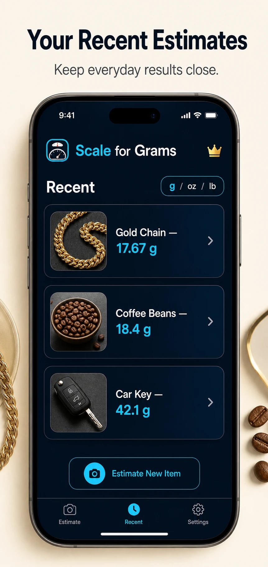 Recent photo weight estimates for a gold chain, coffee beans and a car key