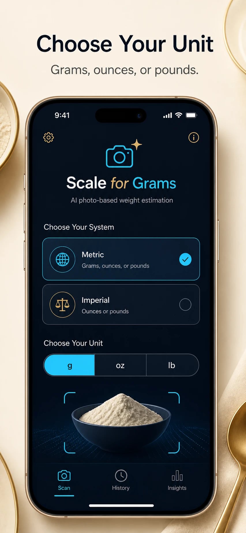 Scale for Grams app screen for choosing grams, ounces or pounds